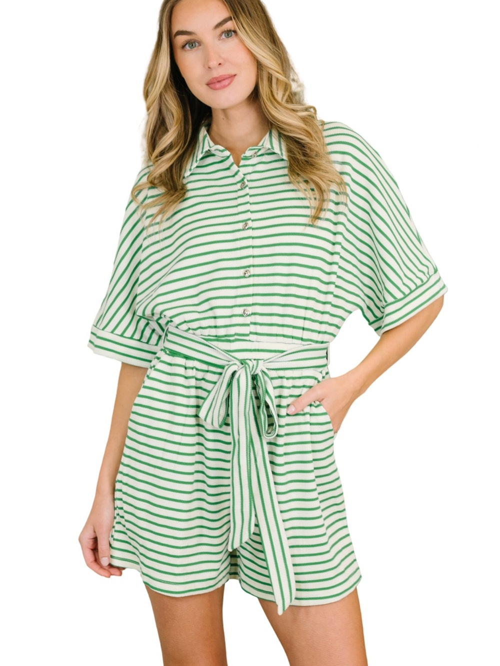 🟢⚪️‎ Mod Boutique Striped Green & White Belted Romper ⚪️🟢